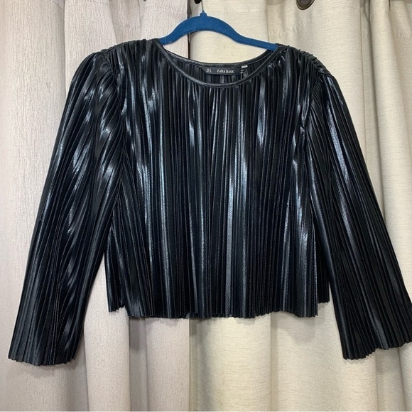 Zara Pleated Crop Top Blouse Shimmery Black Sz S Puff Sleeve Dark Feminine Glam - Picture 13 of 15